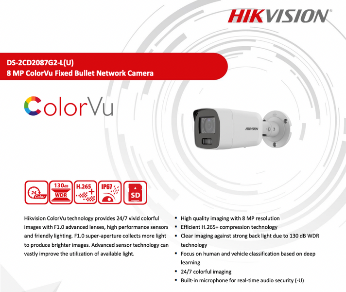 8Mpx 4K 2.8mm SD-card + Mic +ColorVu + Acusense IP Camera DS-2CD2087G2-LU 36-7-00013 фото