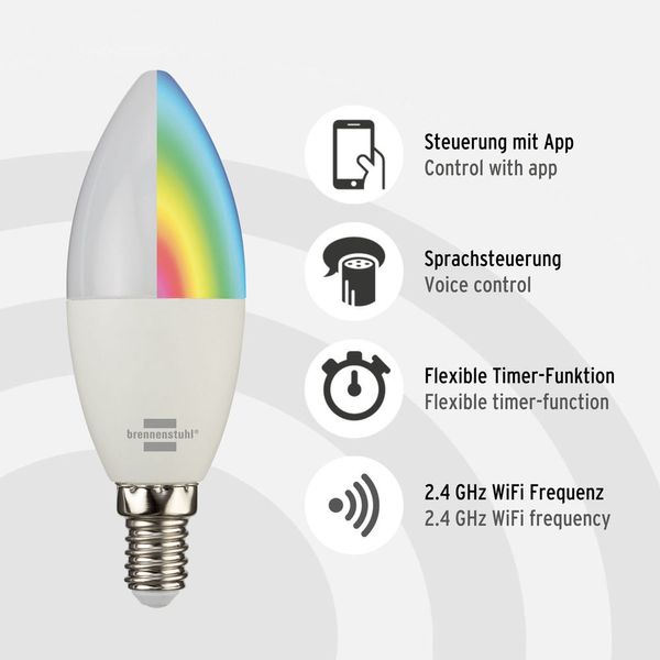 5,5W E14 Bec LED inteligent SB 400 (Bec WiFi compatibil cu Amazon Alexa și Google Assistant, temporizator integrat, aplicație gratuită) brennenstuhl®Connect 1294870140 фото