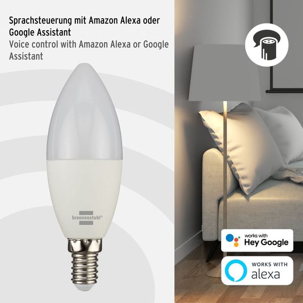 5,5W E14 Bec LED inteligent SB 400 (Bec WiFi compatibil cu Amazon Alexa și Google Assistant, temporizator integrat, aplicație gratuită) brennenstuhl®Connect 1294870140 фото