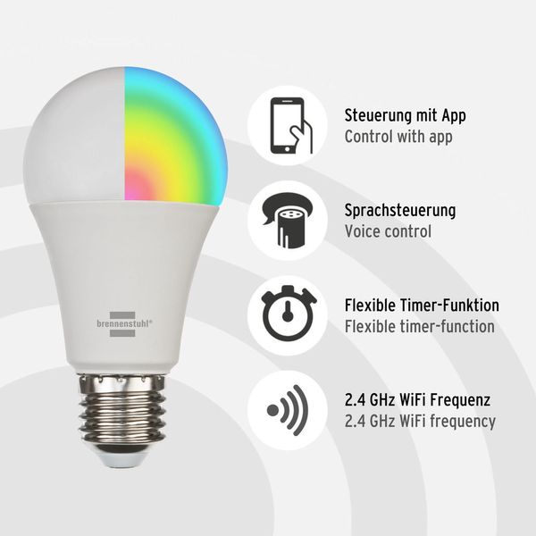 9W E27 Bec LED inteligent SB 800 E27 (bec WiFi compatibil cu Amazon Alexa și Google Assistant, temporizator integrat, aplicație gratuită) brennenstuhl®Connect 1294870270 фото