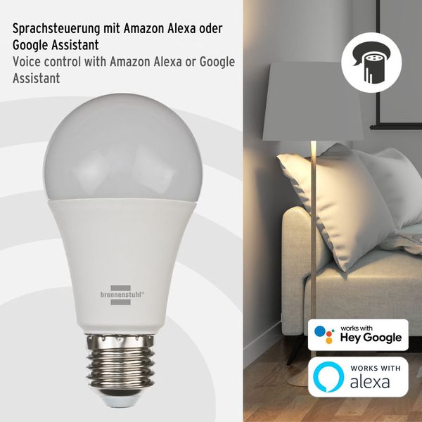 9W E27 Bec LED inteligent SB 800 E27 (bec WiFi compatibil cu Amazon Alexa și Google Assistant, temporizator integrat, aplicație gratuită) brennenstuhl®Connect 1294870270 фото