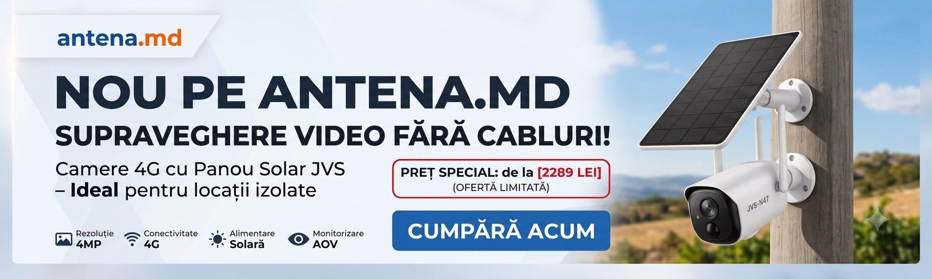 Camera Solar 4Mp 4G AOV alimentată solar